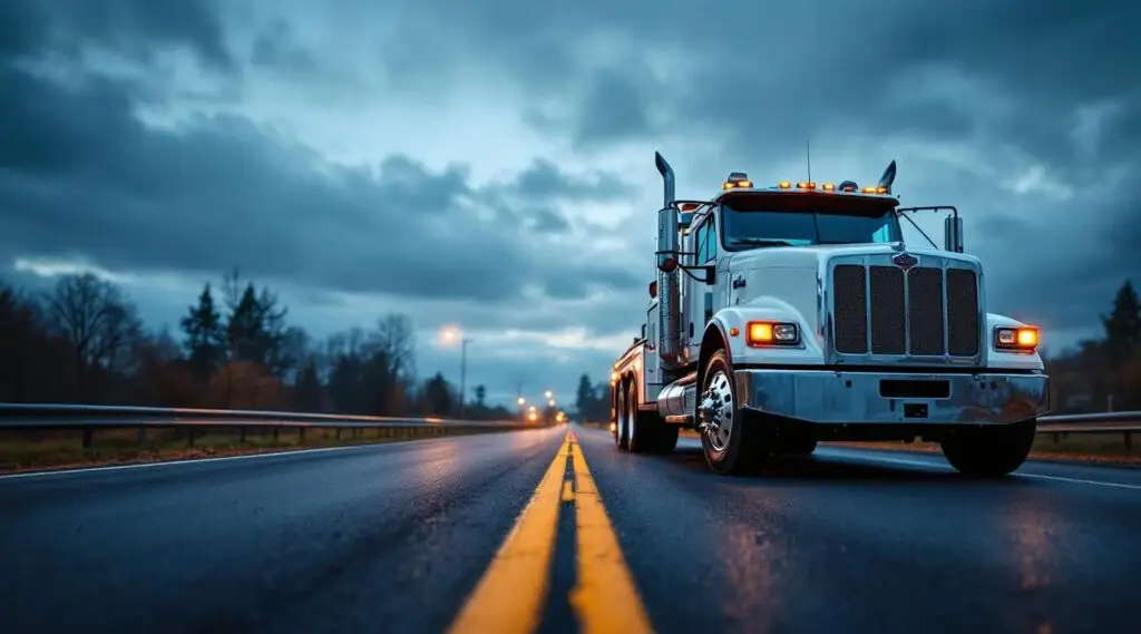 Chris' Towing flatbed truck assisting a stranded vehicle on a Nanaimo road at dusk, signaling reliable emergency help.